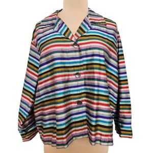 Chico’s Design Silk Multicolor Striped Button Up Shirt Collared Top Boxy Fit XL